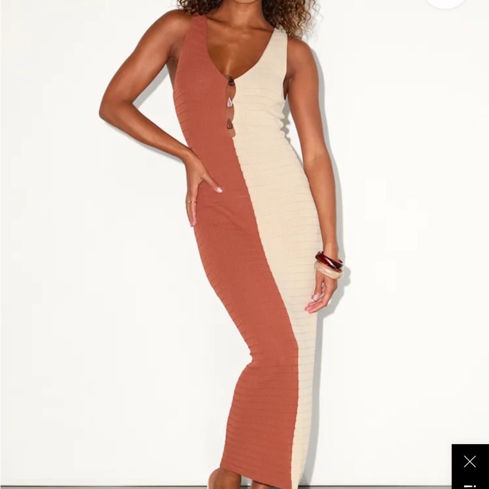 Oleta Rust and Light Beige Color Block Textured Knit Midi Dress from Lulus